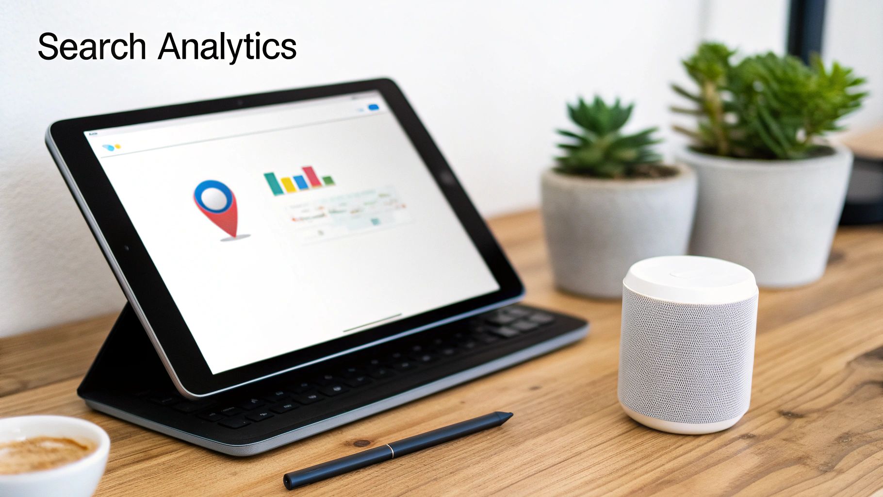 A tablet on a wooden desk displays search analytics with a location pin and charts, next to a stylus and a smart speaker.