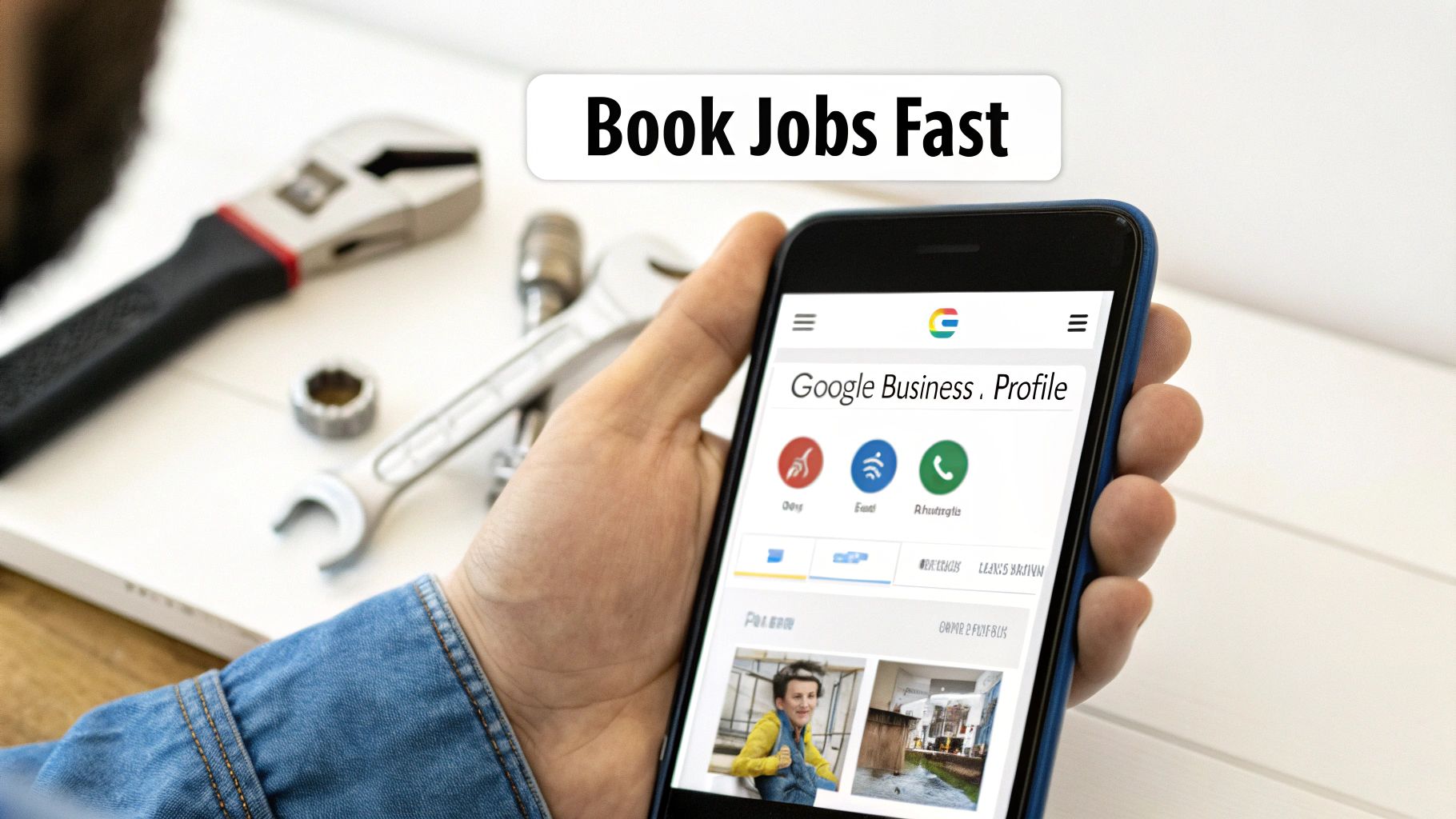 A hand holds a smartphone showing Google Business Profile, with plumbing tools on a white surface.