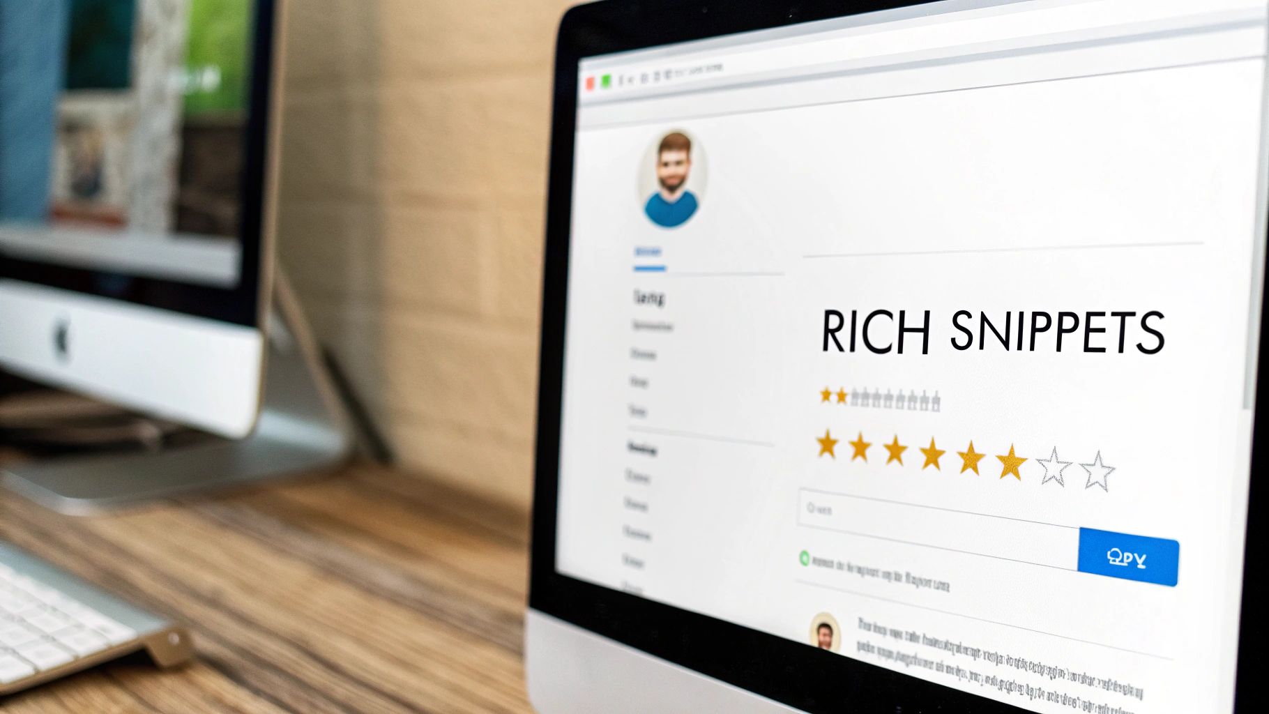 A computer screen displaying 'RICH SNIPPETS' with star ratings, illustrating search engine optimization.