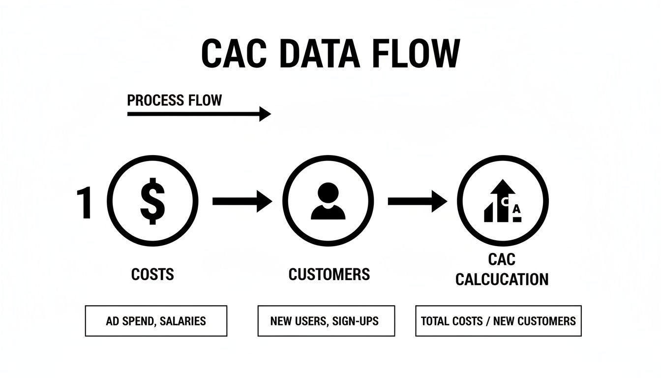 CAC data flow diagram illustrating the process from costs to customers and the final calculation.