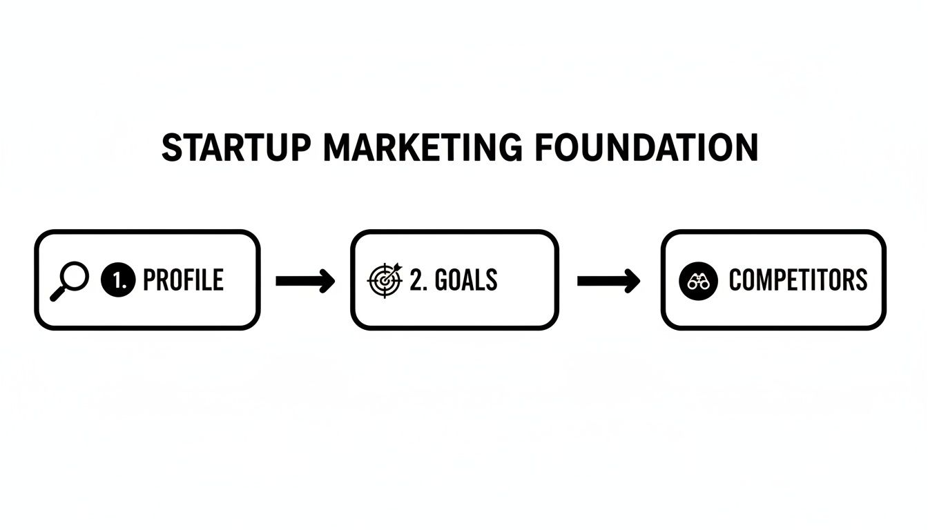 A black and white flowchart illustrating the startup marketing foundation steps: profile, goals, and competitors.