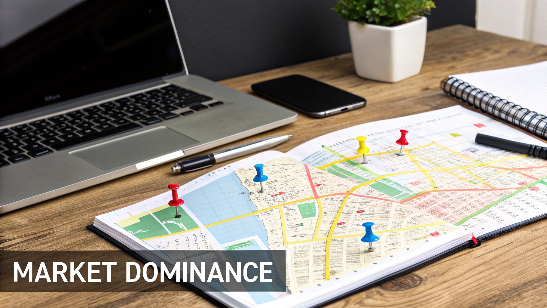 Desk with a laptop, smartphone, pen, and an open map marked with colorful pushpins, signifying local business strategy.