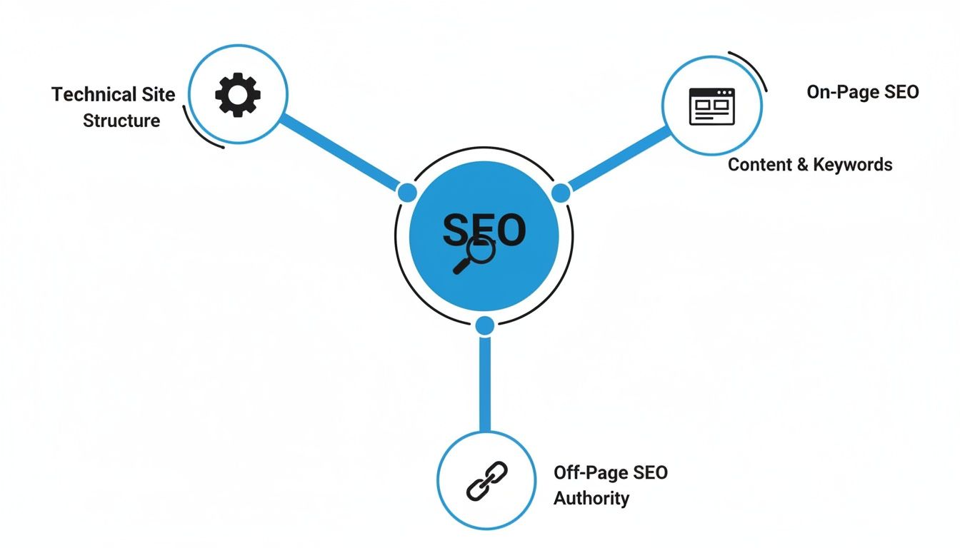 Diagram illustrating the three pillars of SEO: Technical Site Structure, On-Page SEO, and Off-Page SEO.