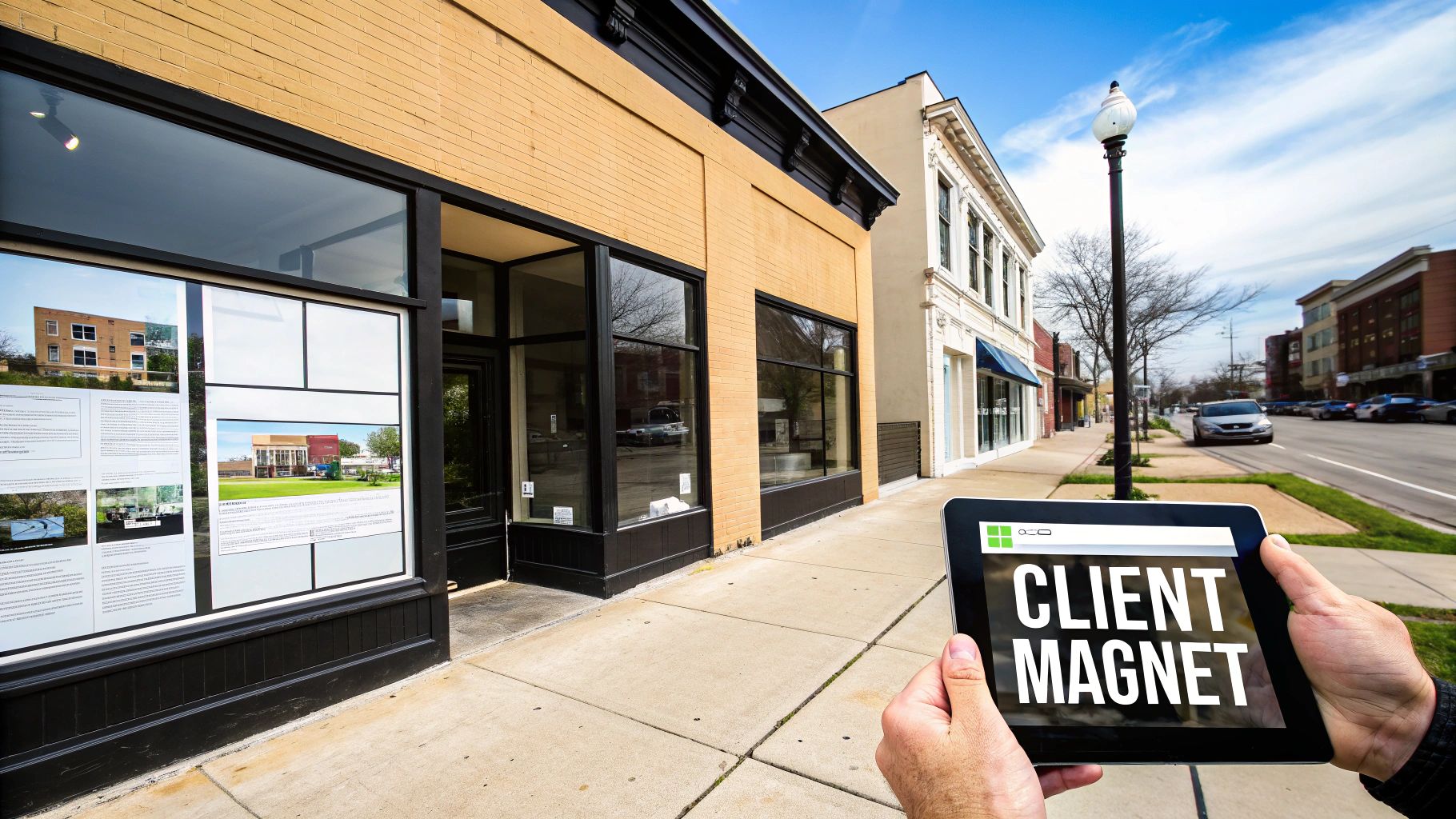Hands hold a tablet displaying 'CLIENT MAGNET' in front of storefronts on an urban street.