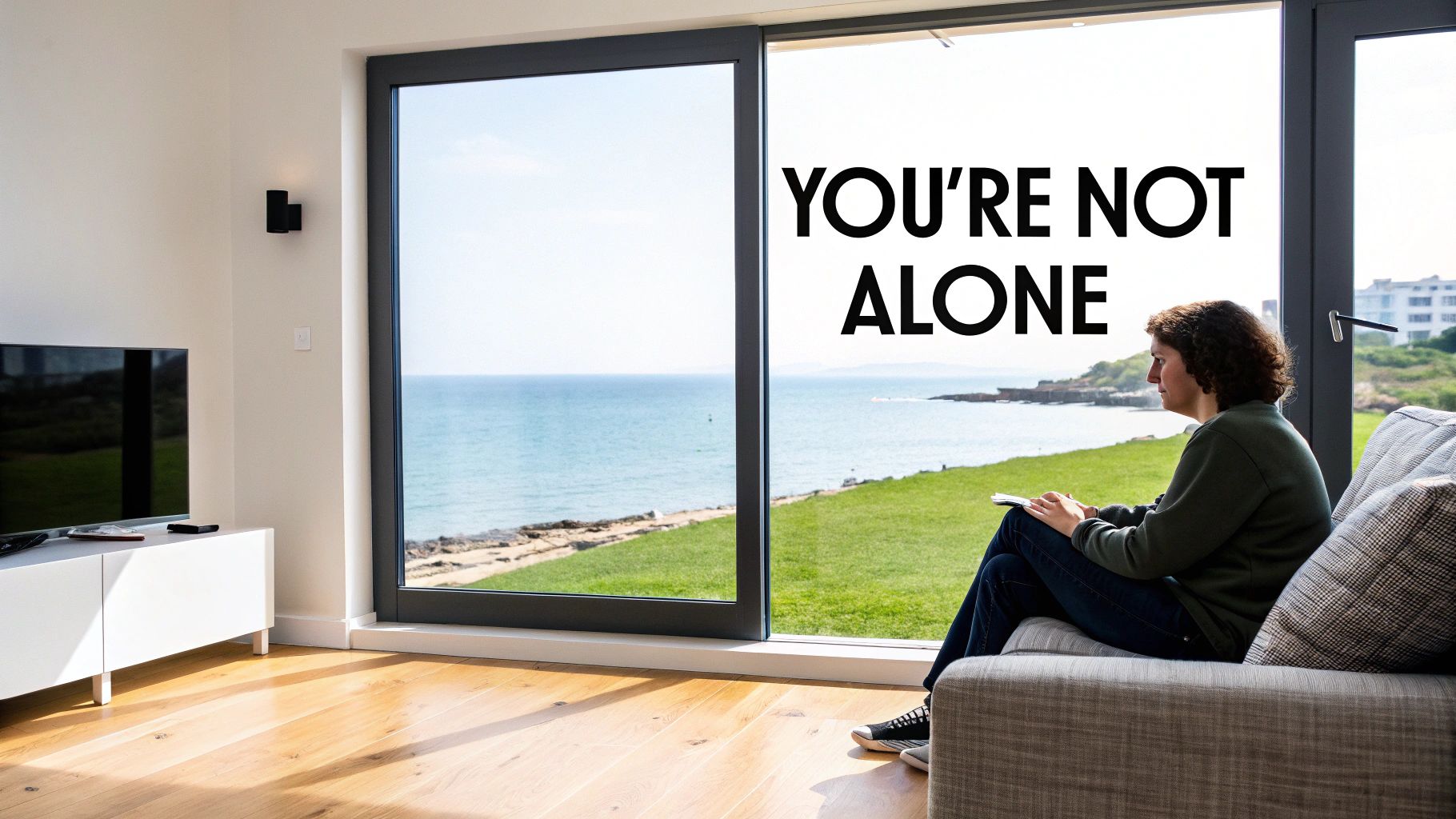 A person on a sofa looks out a large window at the ocean, with 'YOU'RE NOT ALONE' text.