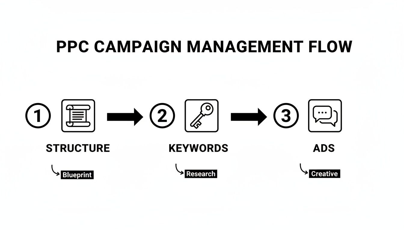 A diagram illustrating the three-step PPC campaign management flow: Structure (Blueprint), Keywords (Research), and Ads (Creative).