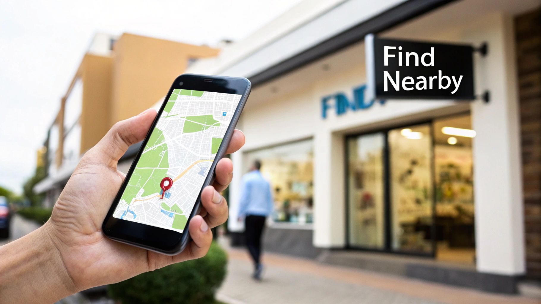 Hand holding a smartphone displaying a map with a red location pin, near a store with a 'Find Nearby' sign.