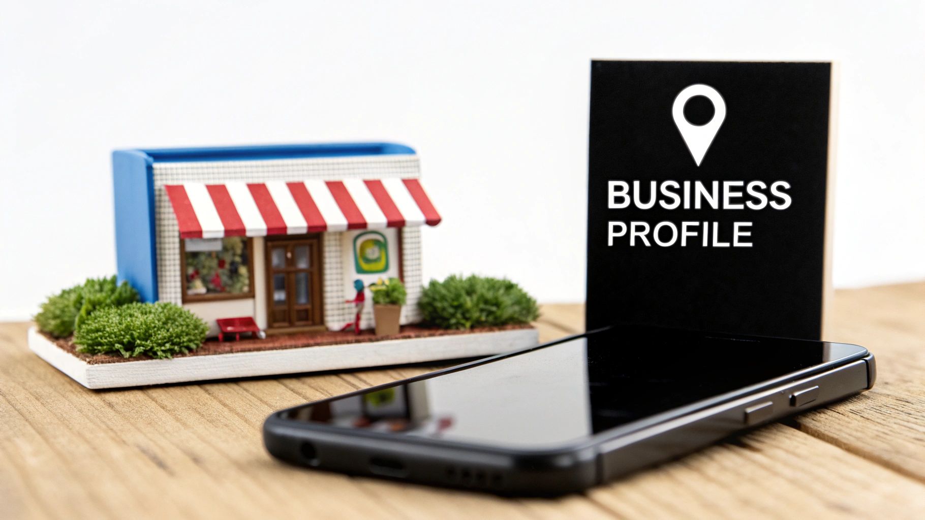 Miniature shop model, smartphone, and 'Business Profile' sign on a wooden table for local SEO.