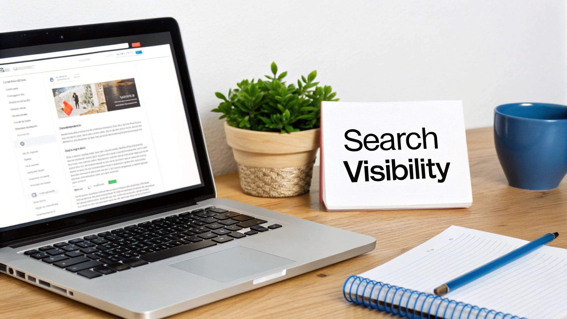 Workspace with a laptop, potted plant, 'Search Visibility' note, and blue mug on a wooden desk.