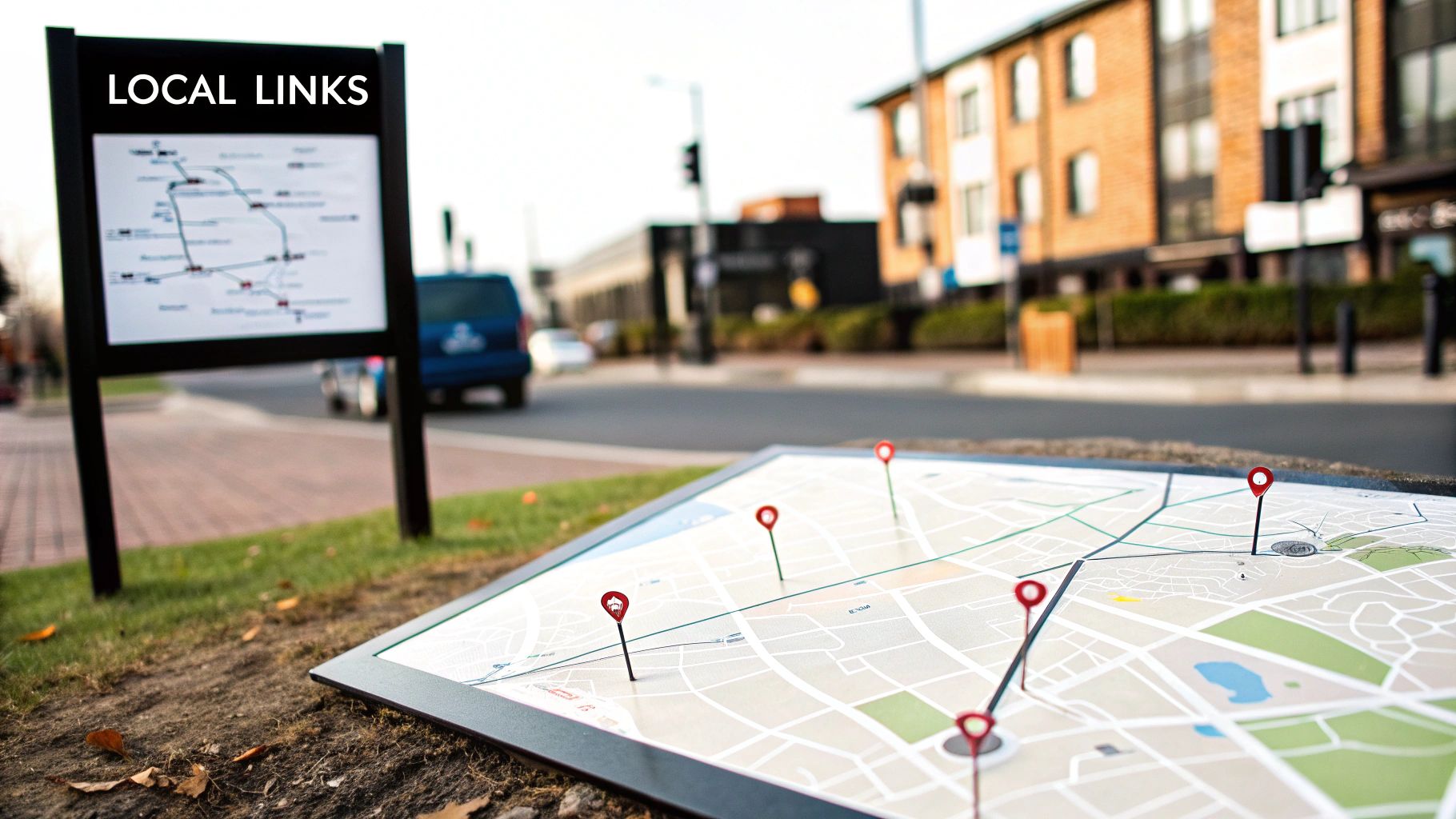 A street scene with two maps, one titled 'LOCAL LINKS' and another on the ground with red location pins.