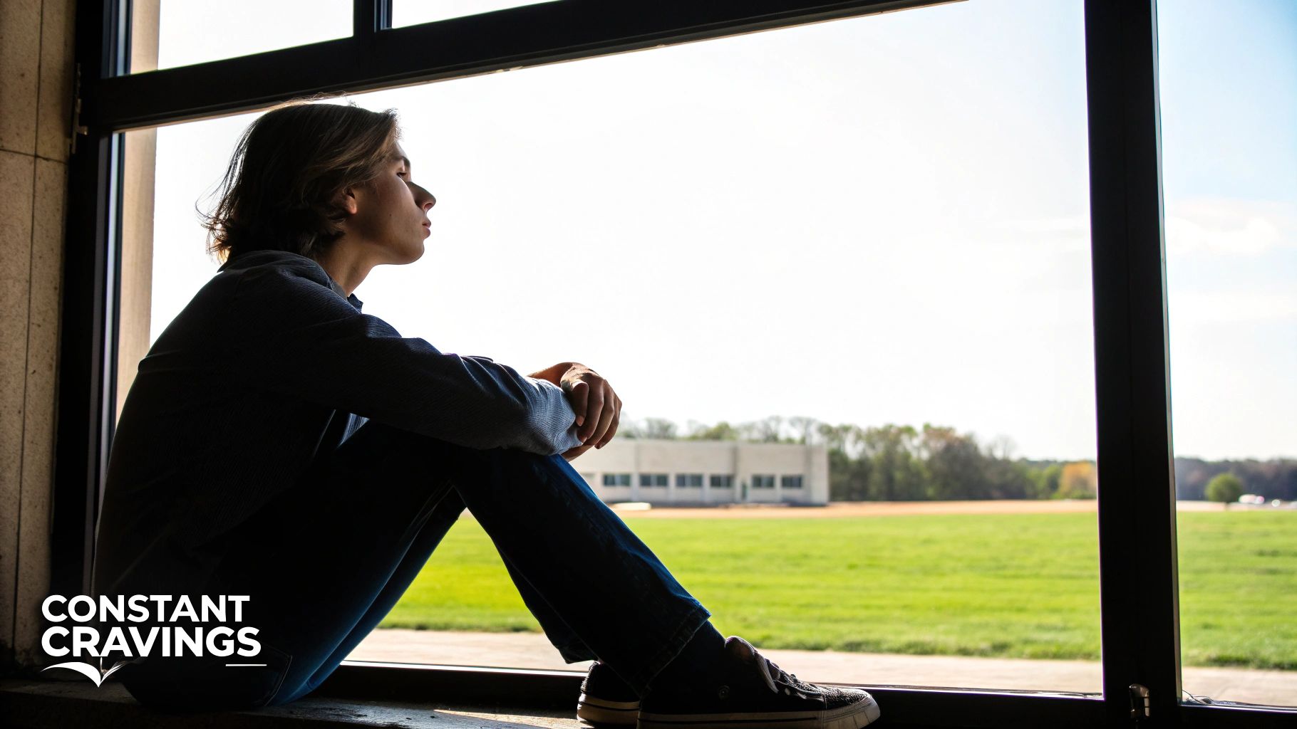 A young person sits by a window, looking out contemplatively at a bright green field.