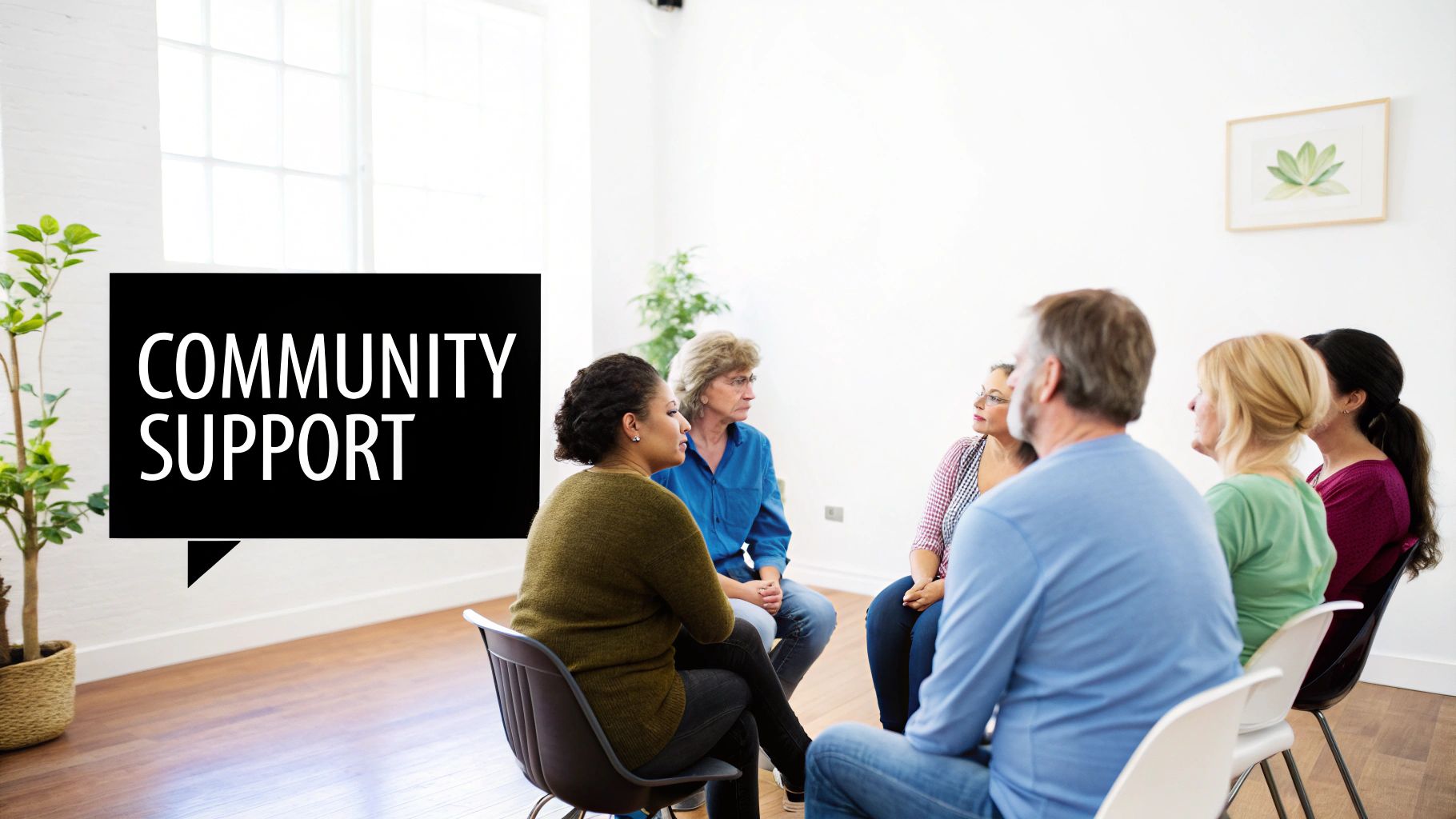 A diverse group of adults attends a community support group session in a bright room.