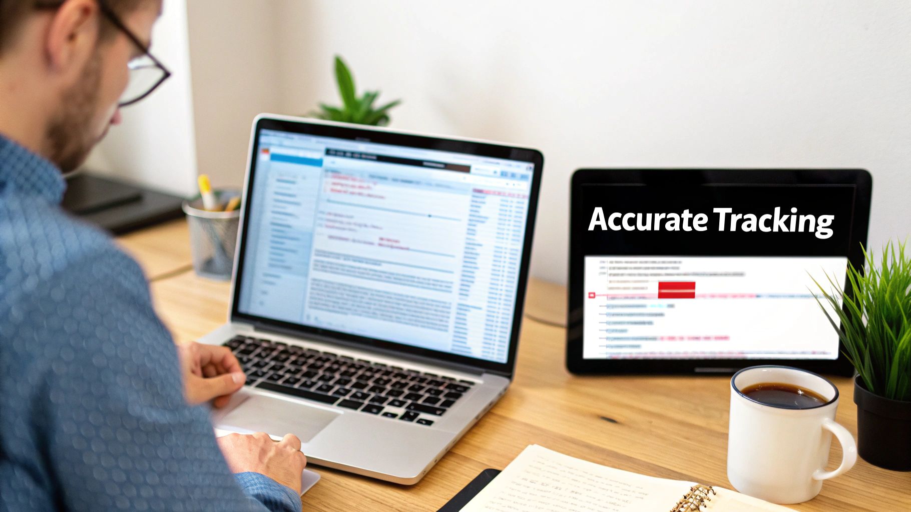 A man in glasses works on a laptop and tablet showing 'Accurate Tracking' on a desk.