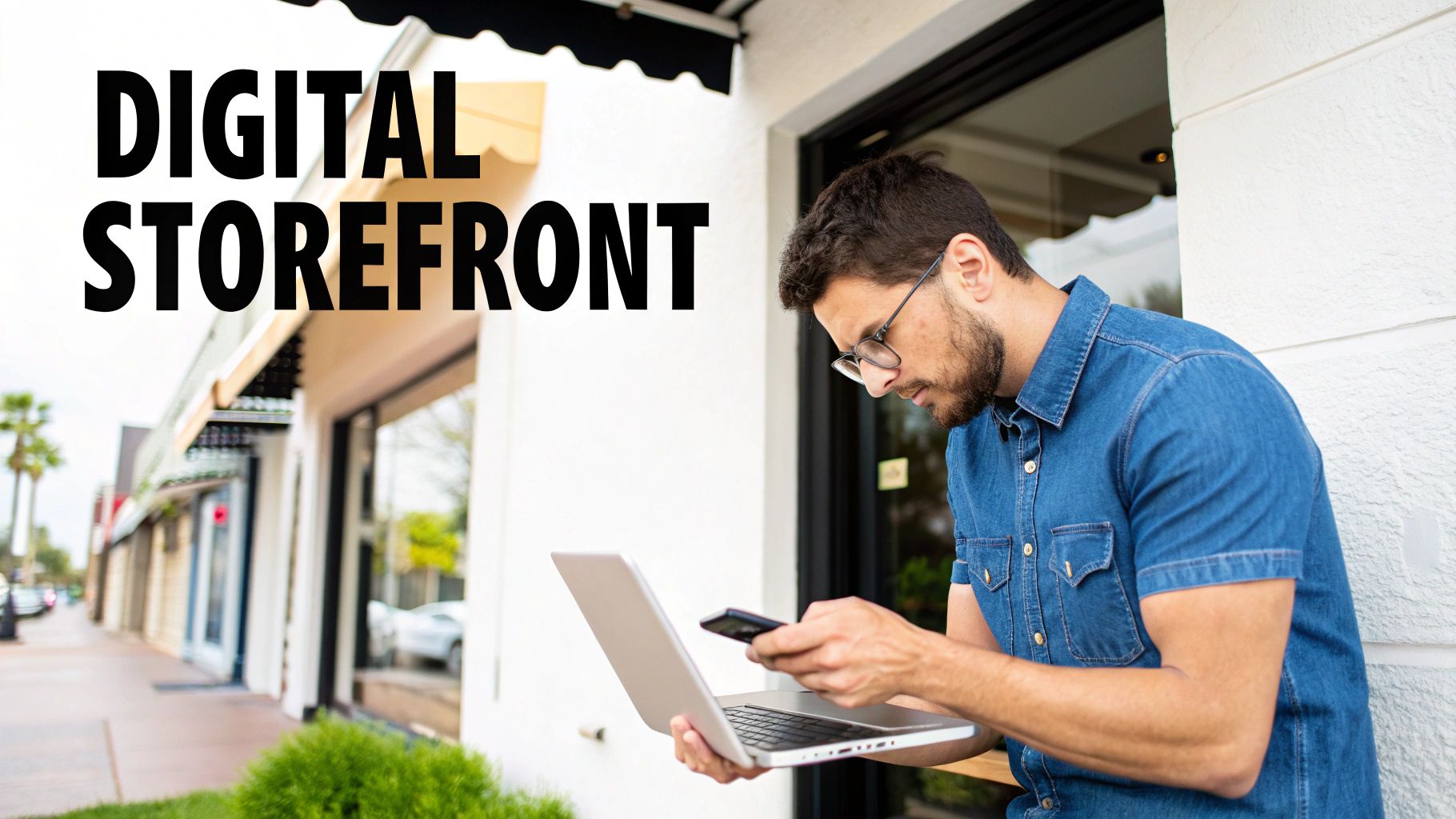 Man wearing glasses uses a laptop and phone outside a business, representing a digital storefront.