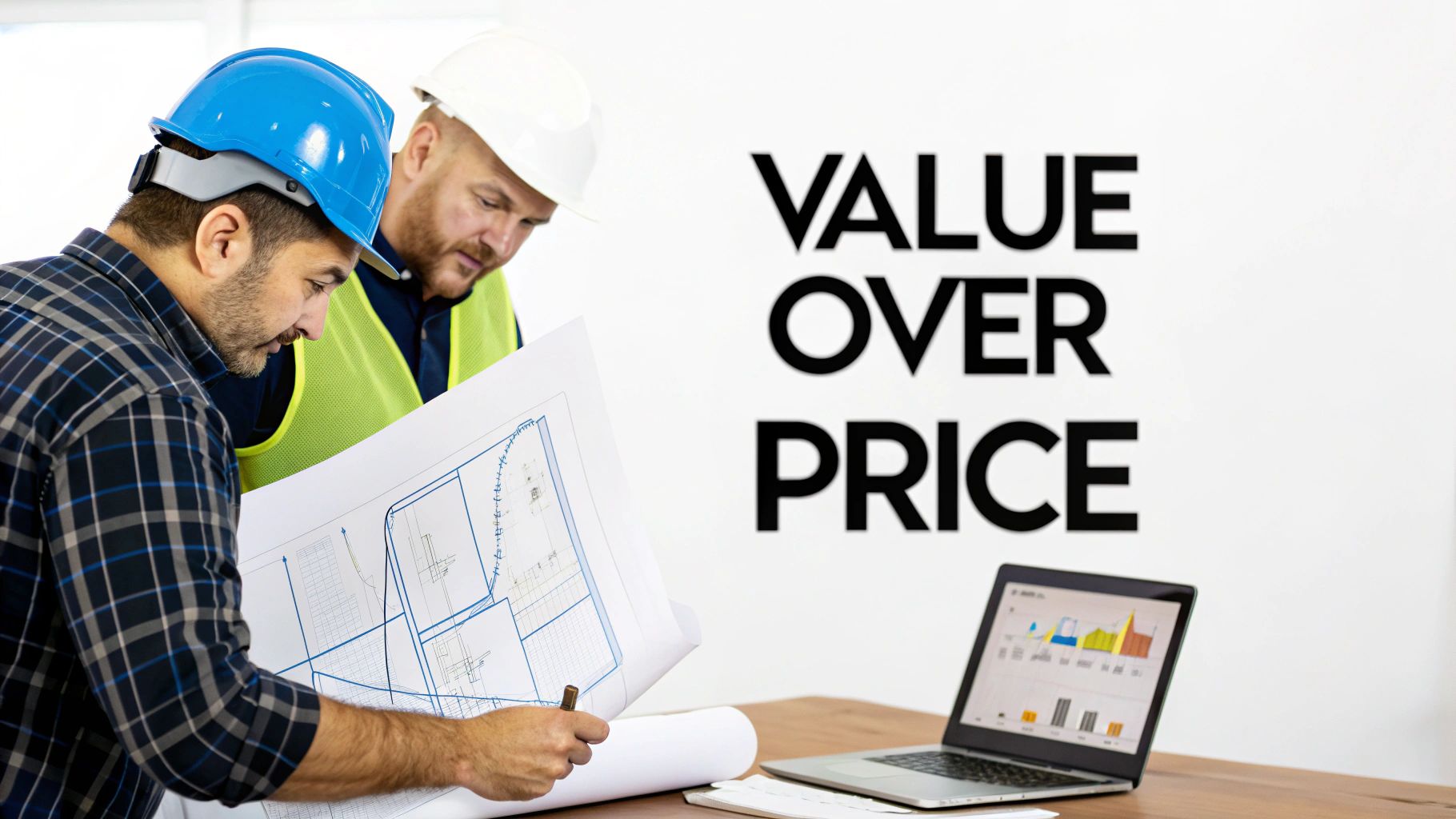 Two construction workers review building blueprints at a desk with a laptop and 'VALUE OVER PRICE' text.