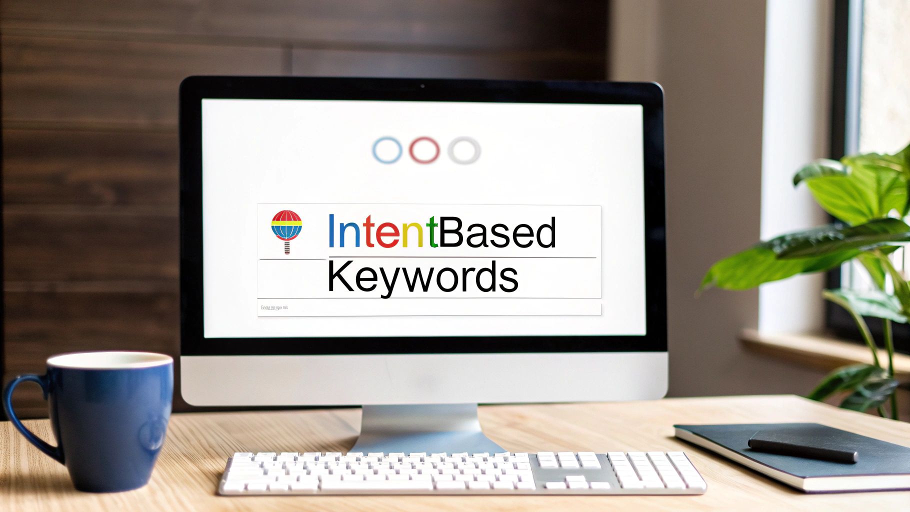 A computer monitor displaying 'IntentBased Keywords' on a search page, with a keyboard, mug, and notebook on a desk.