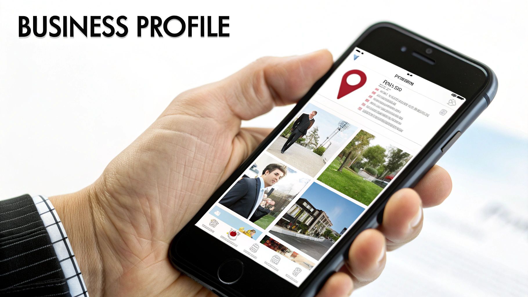 A hand holds a smartphone displaying a business profile app with images and text, highlighting digital presence.