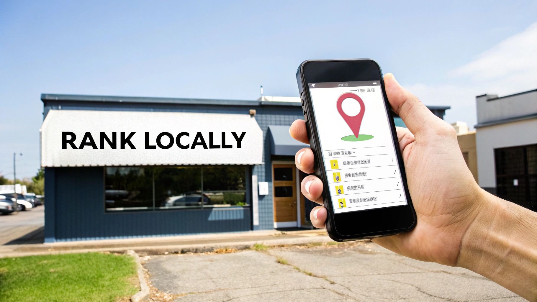 Hand holding a smartphone displaying a map pin, with a building banner reading "RANK LOCALLY."