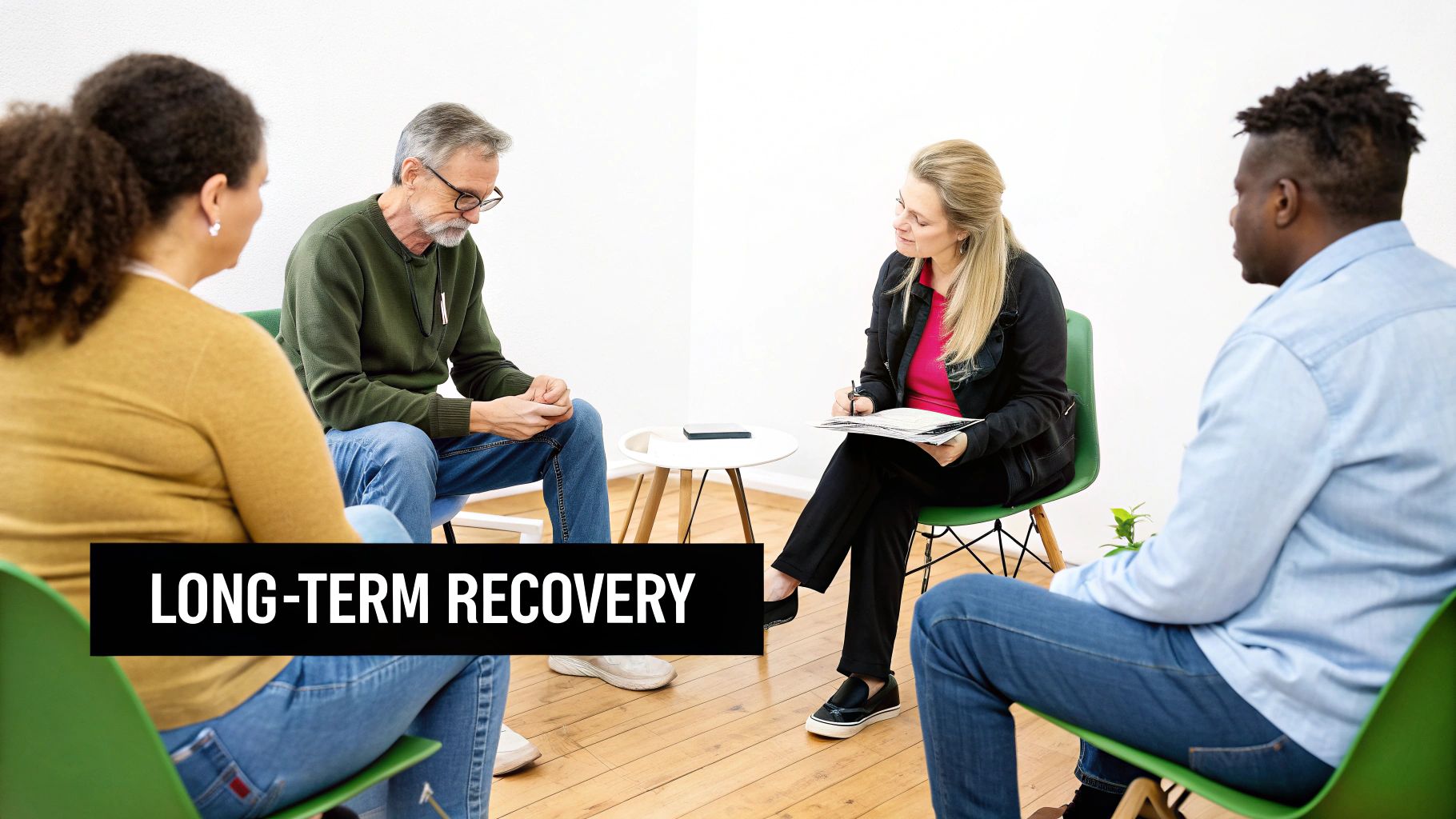 Four diverse people sit in a circle during a group therapy session focused on long-term recovery.
