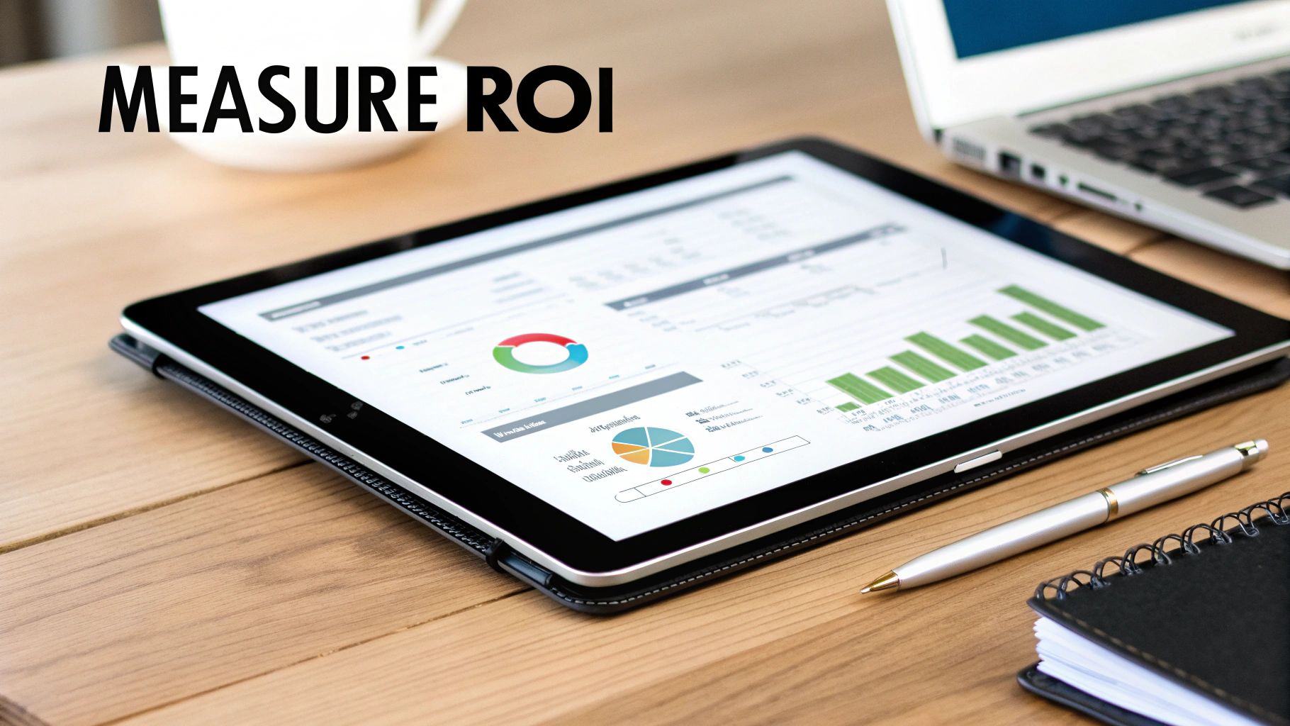 A tablet displaying business data charts and graphs on a wooden desk with a laptop and pen, emphasizing 'MEASURE ROI'.