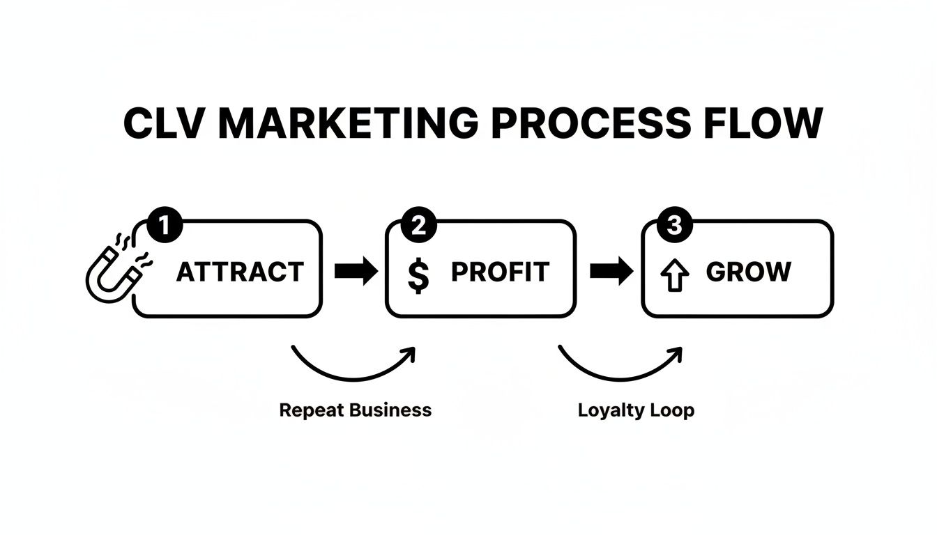 CLV marketing process flow diagram showing steps: Attract, Profit, Grow, with repeat business and loyalty loops.