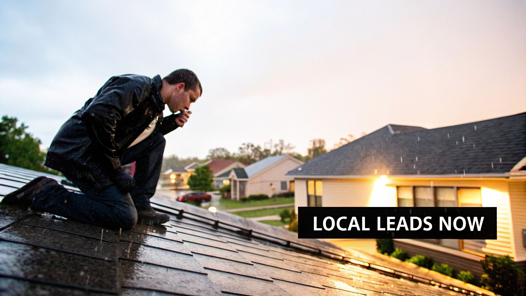 A man in a black jacket kneels on a wet roof, inspecting it during a rain shower in a residential neighborhood.