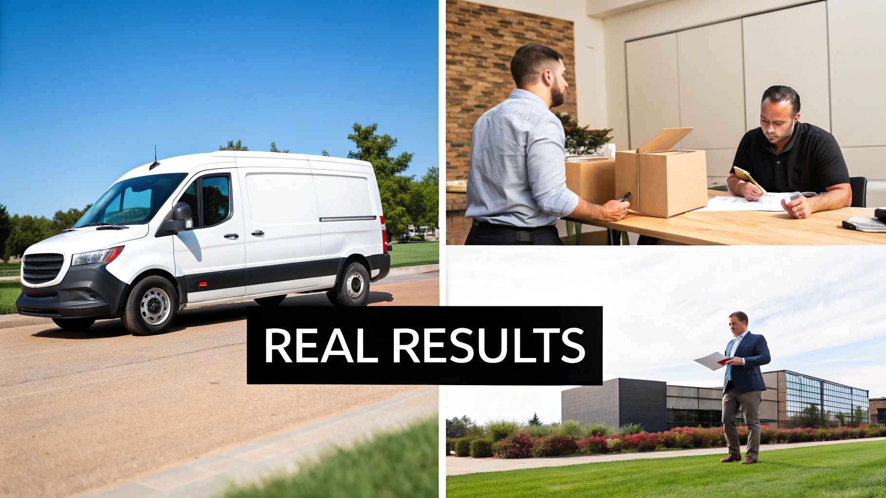 White delivery van, men handling packages in an office, and a businessman holding documents, showcasing real results.
