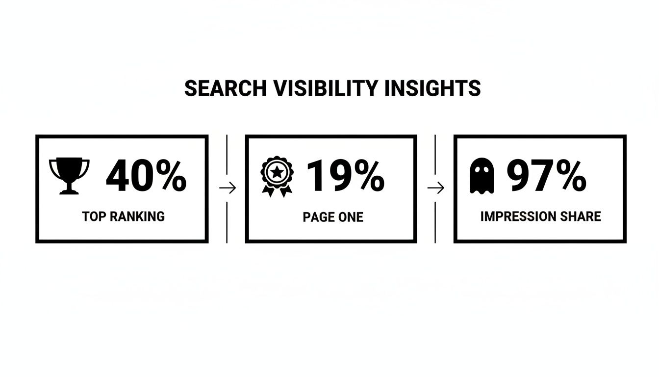 Infographic showing search visibility insights: 40% top ranking, 19% page one, and 97% impression share.