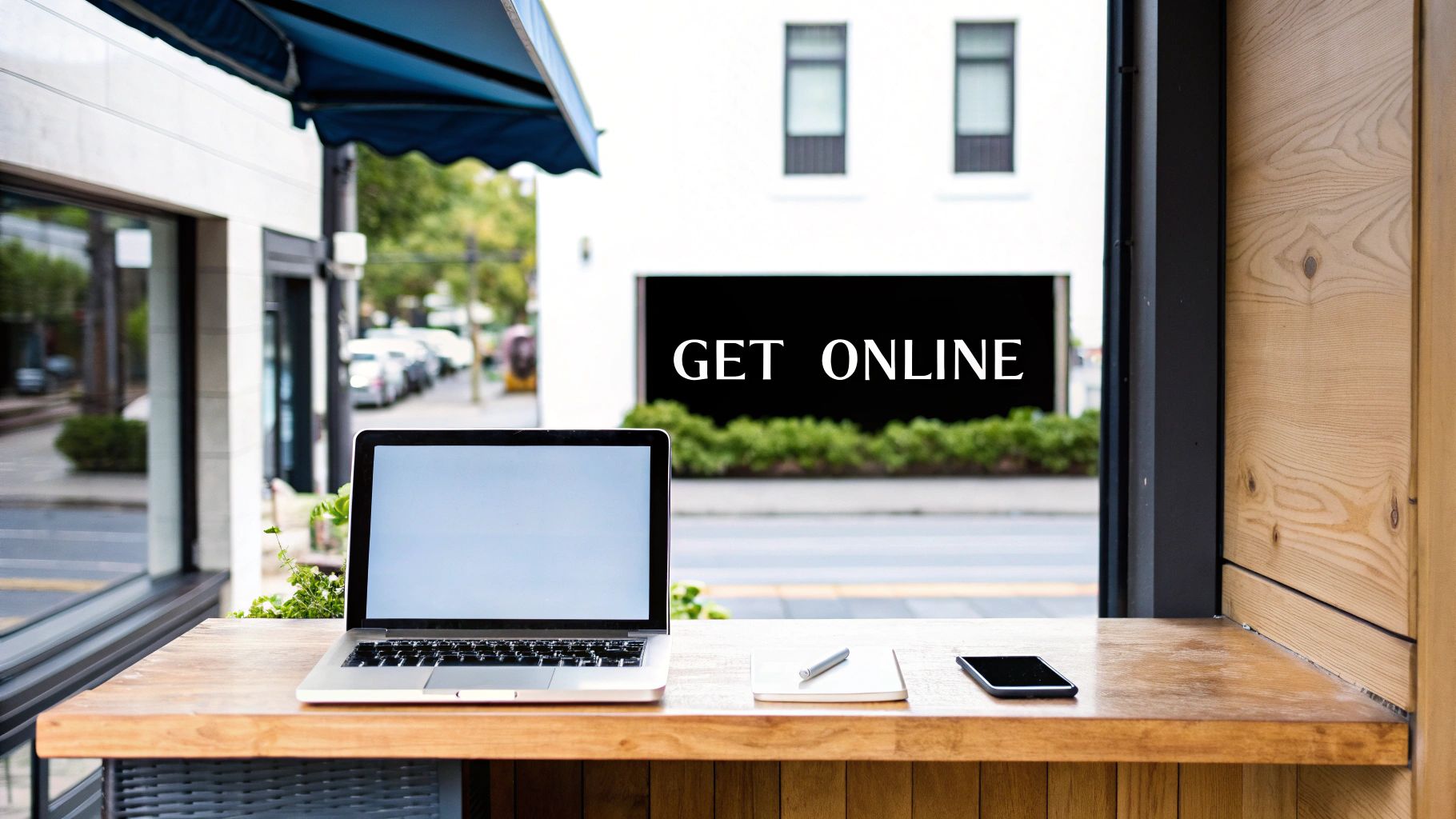 Outdoor workspace with laptop, phone, and a sign encouraging to 'GET ONLINE' on a building.