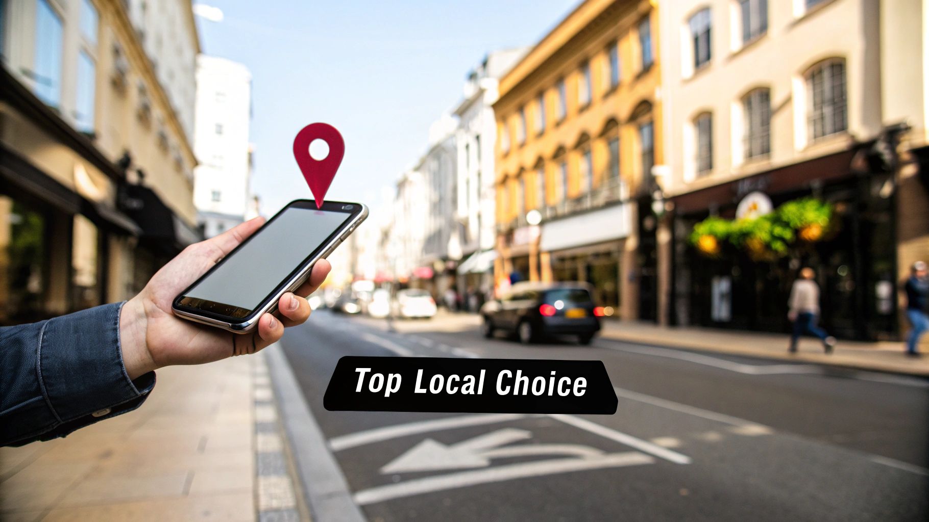 A hand holds a smartphone with a red location pin icon on a busy city street, featuring the text 'Top Local Choice'.