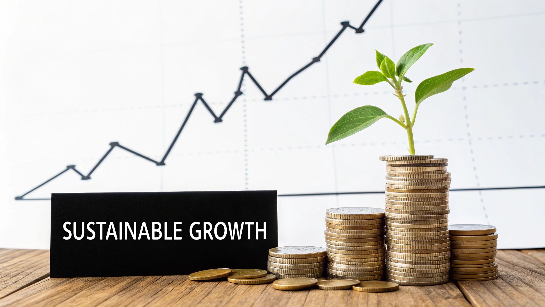 A plant grows from stacked coins in front of an upward graph, symbolizing sustainable growth.
