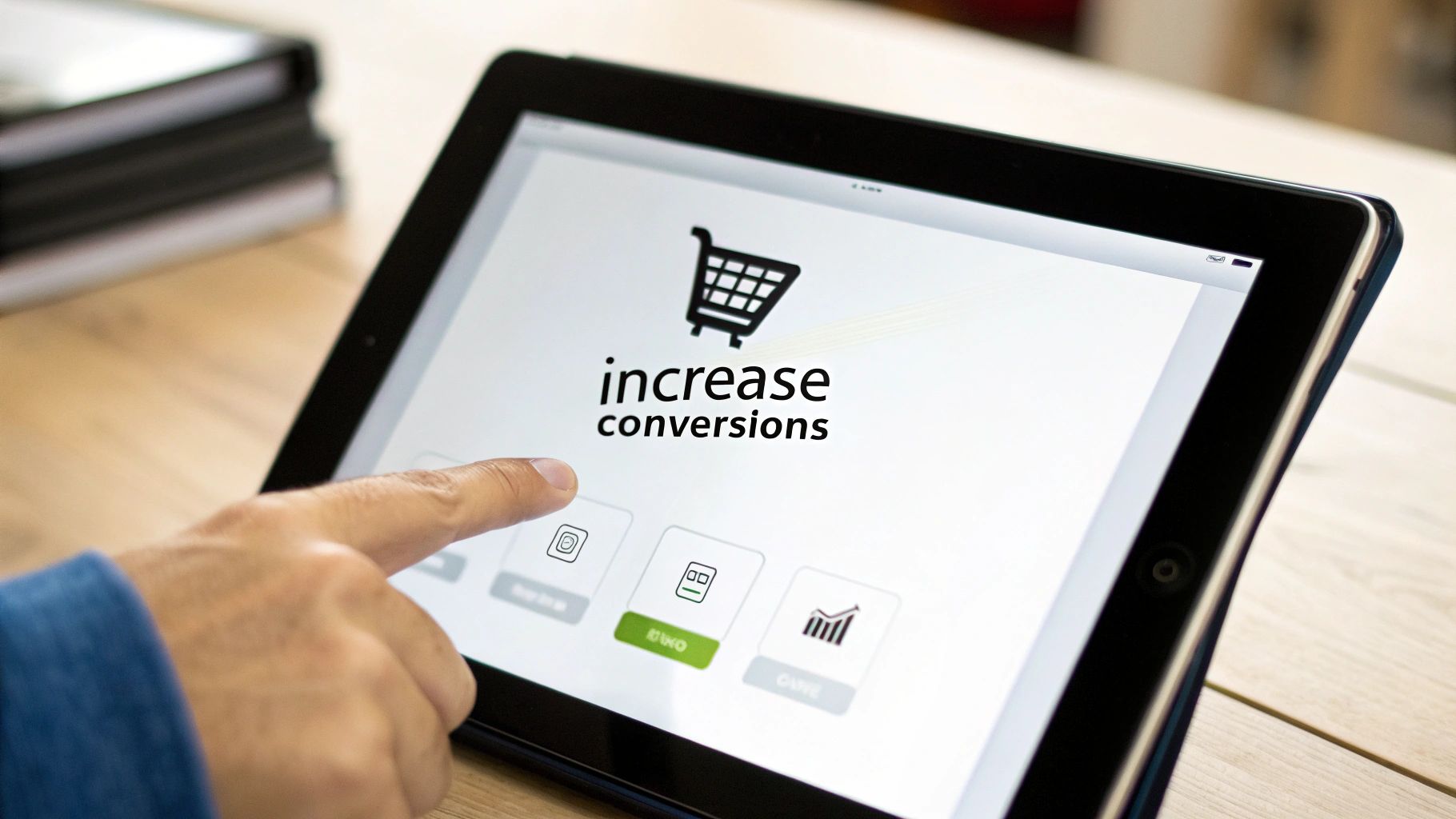 A hand taps a tablet displaying 'increase conversions' and a shopping cart, illustrating e-commerce marketing strategy.