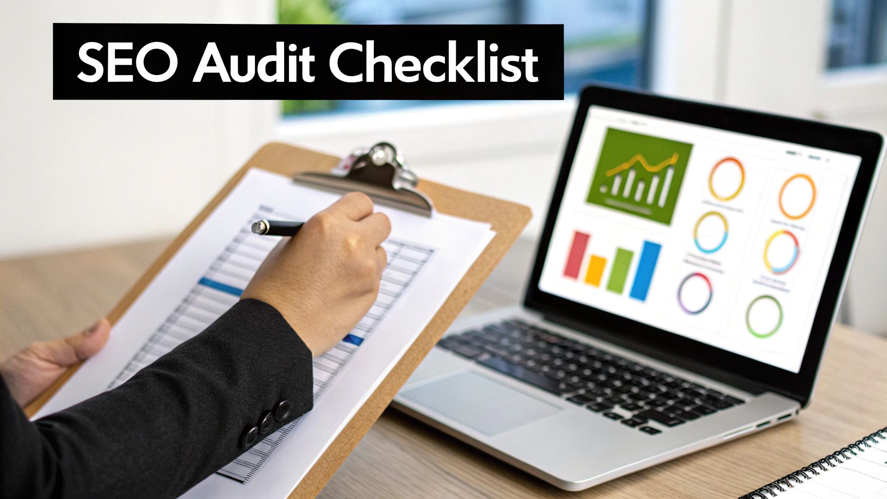 Person checking an SEO audit checklist with a pen, next to a laptop showing performance charts.