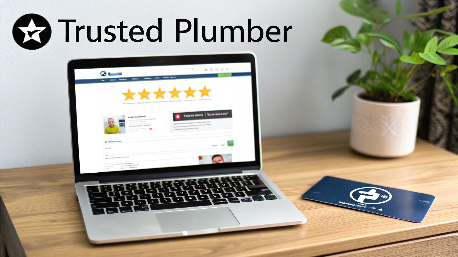A laptop displaying a 5-star review for a 'Trusted Plumber' service, with a business card and plant.