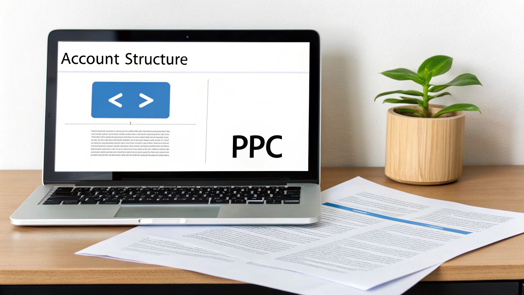 Laptop screen displaying a presentation on 'Account Structure' and 'PPC' on a wooden desk with a plant.