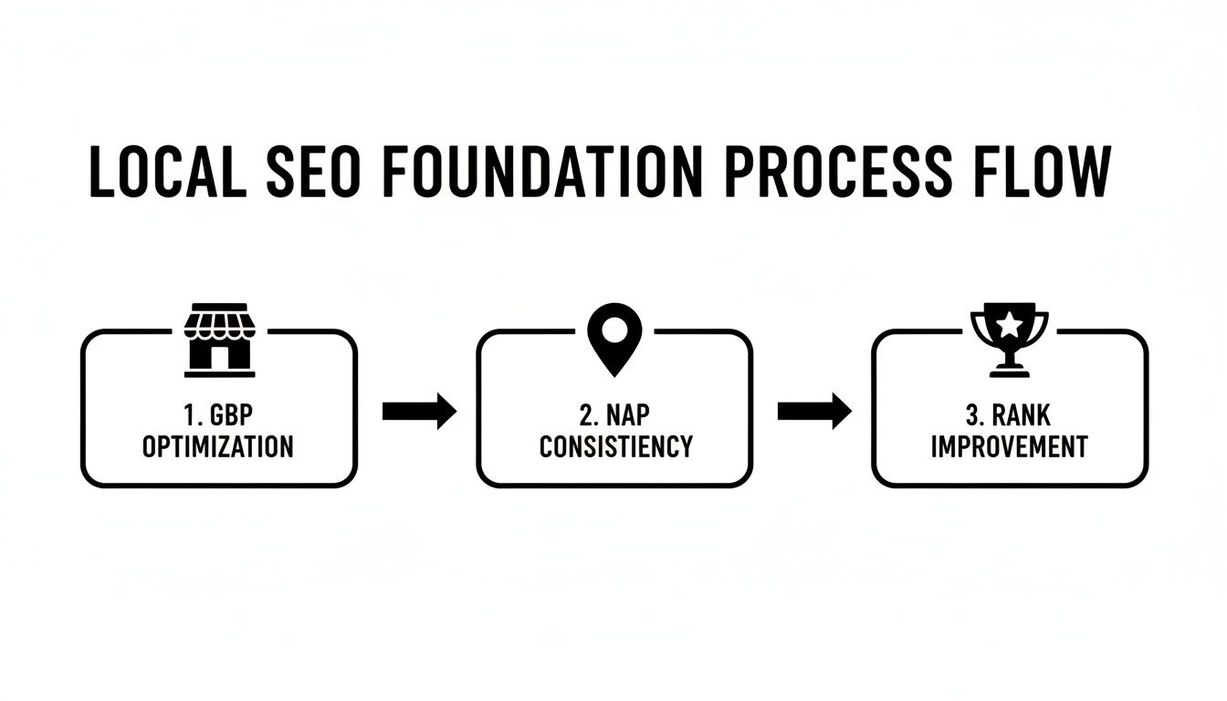 Local SEO foundation process flow with three steps: GBP optimization, NAP consistency, and rank improvement.