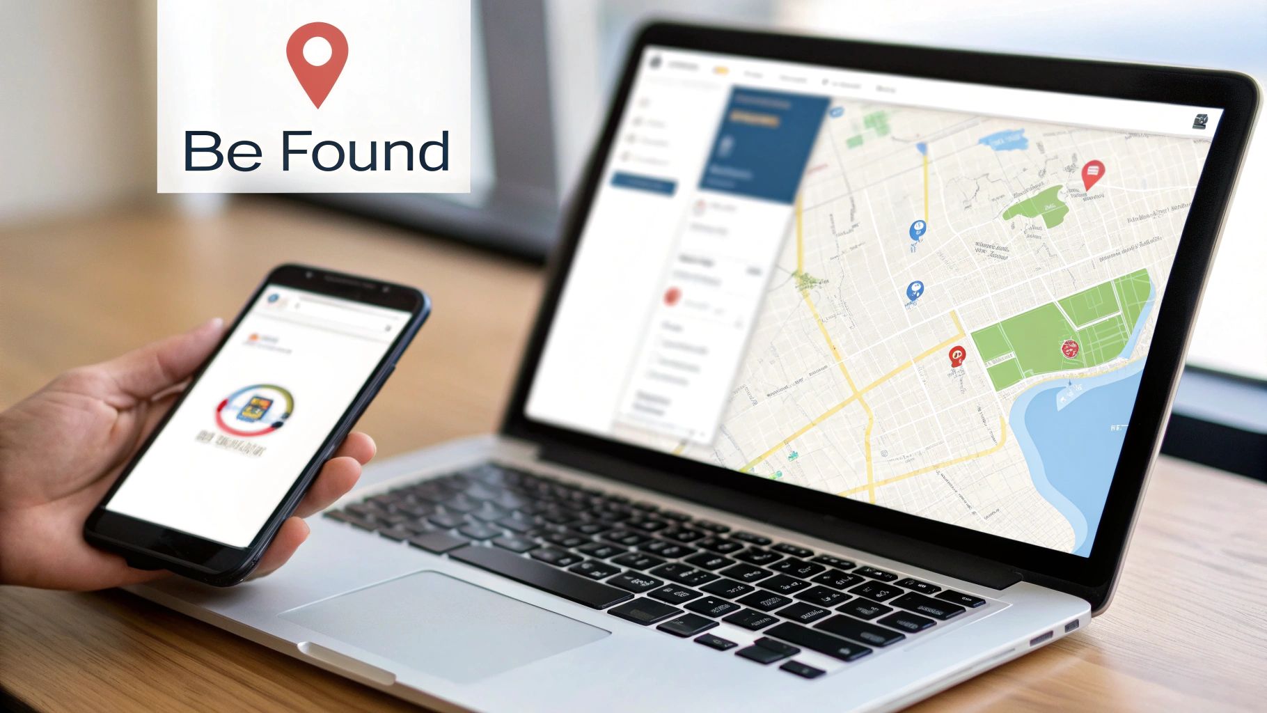 Hand holding a smartphone next to a laptop displaying a map with location pins and 'Be Found' text overlay.