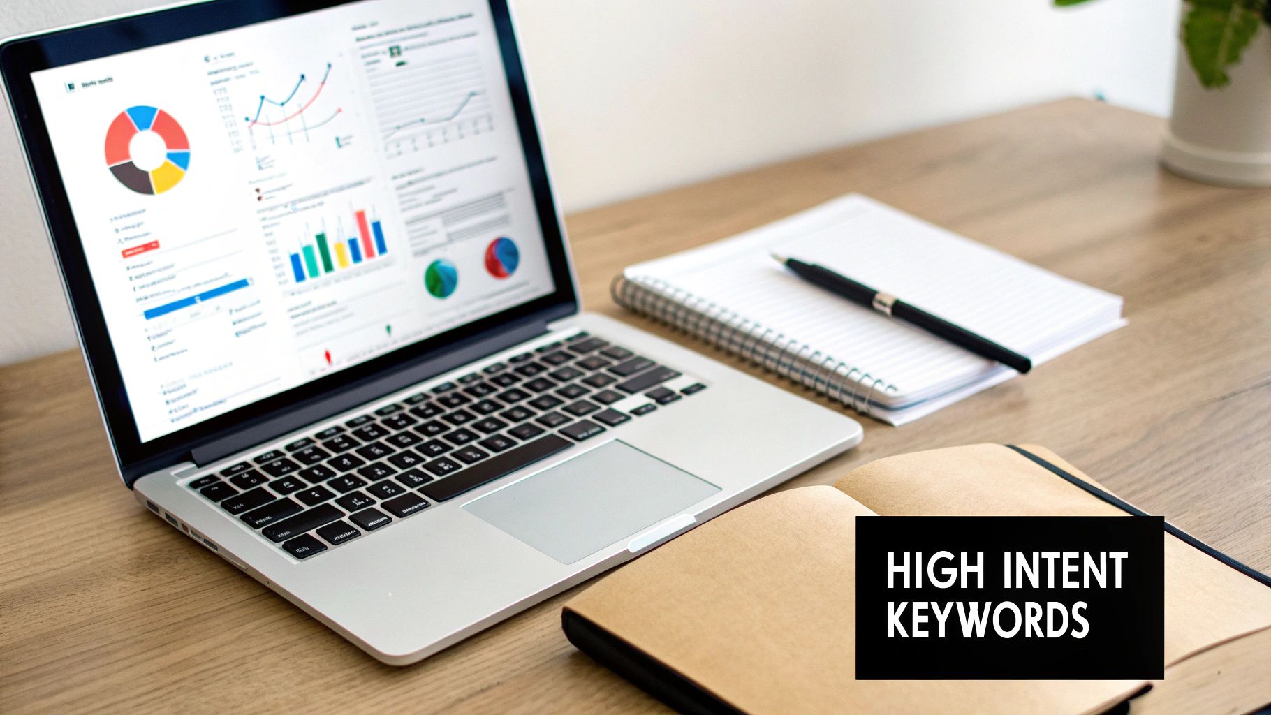 A laptop displays marketing data charts and graphs next to notebooks and a pen, with text overlay 'HIGH INTENT KEYWORDS'.