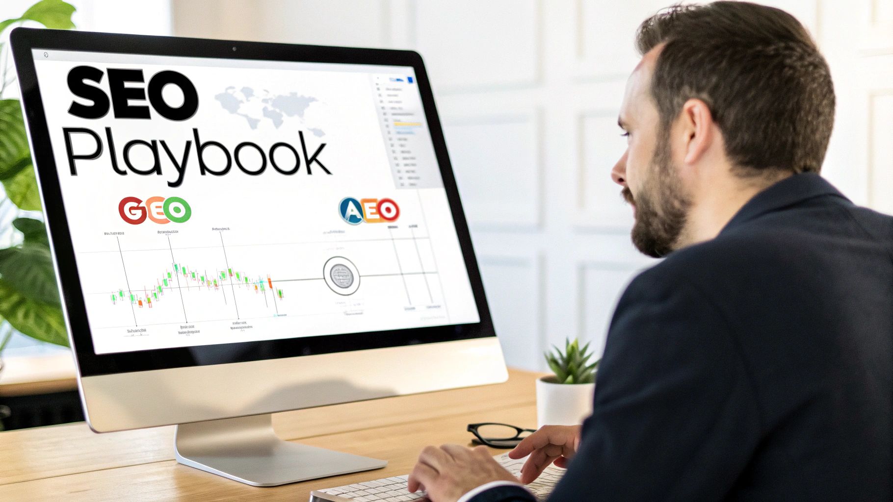 A man in a suit looks at a monitor displaying an 'SEO Playbook' with data analytics and charts.