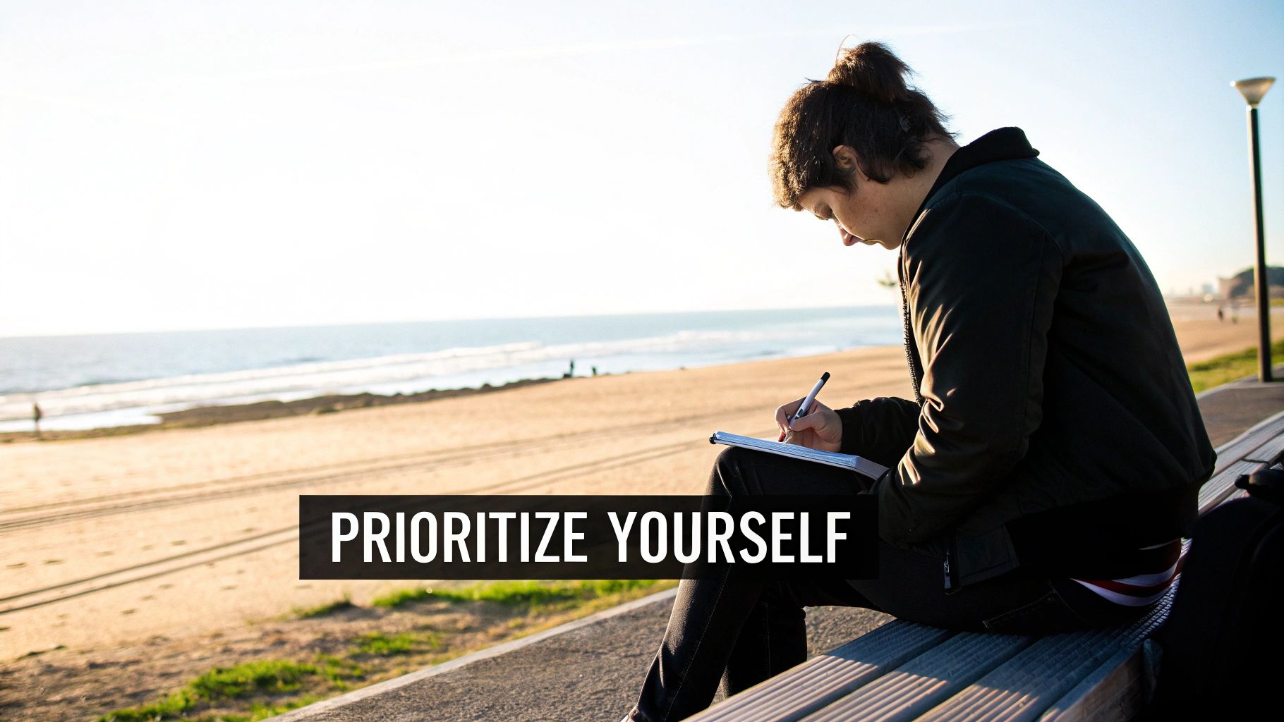 A person sits on a beach bench, writing in a notebook with a pen, ocean in the background.
