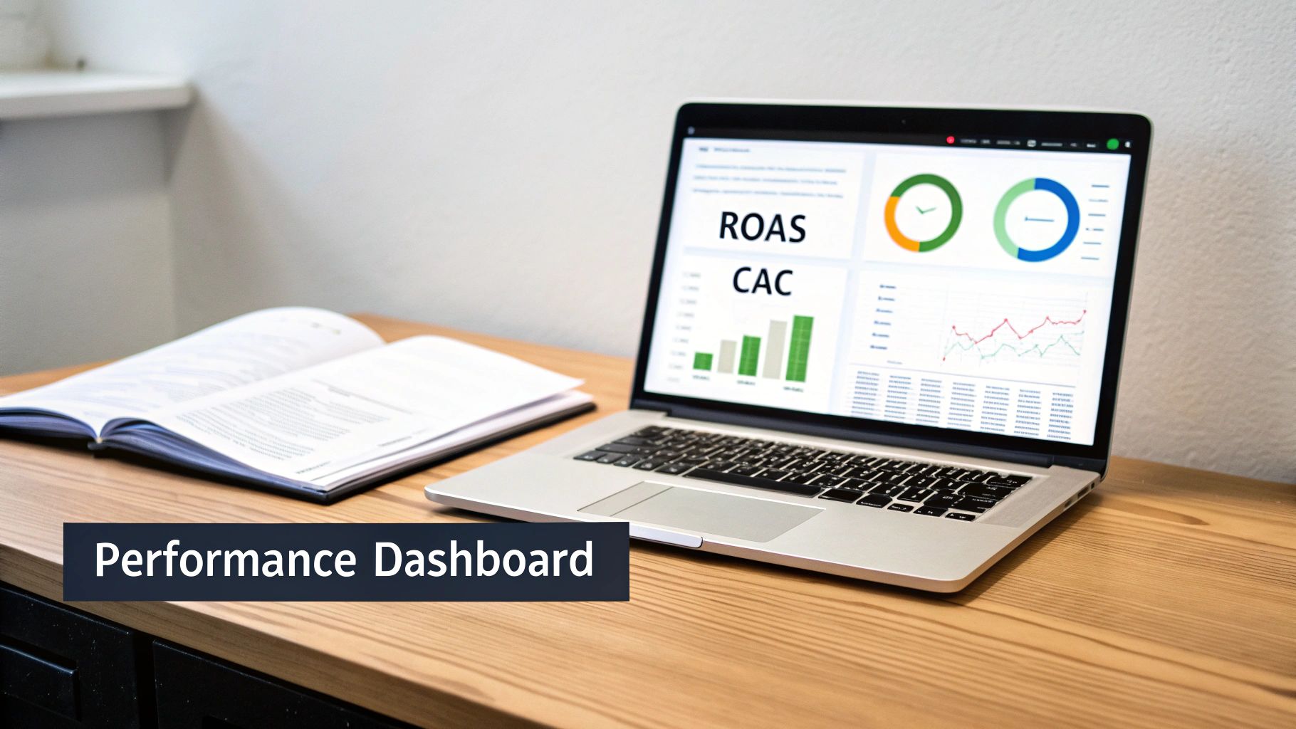 A laptop displaying a performance dashboard with ROAS and CAC metrics, alongside an open book on a wooden desk.