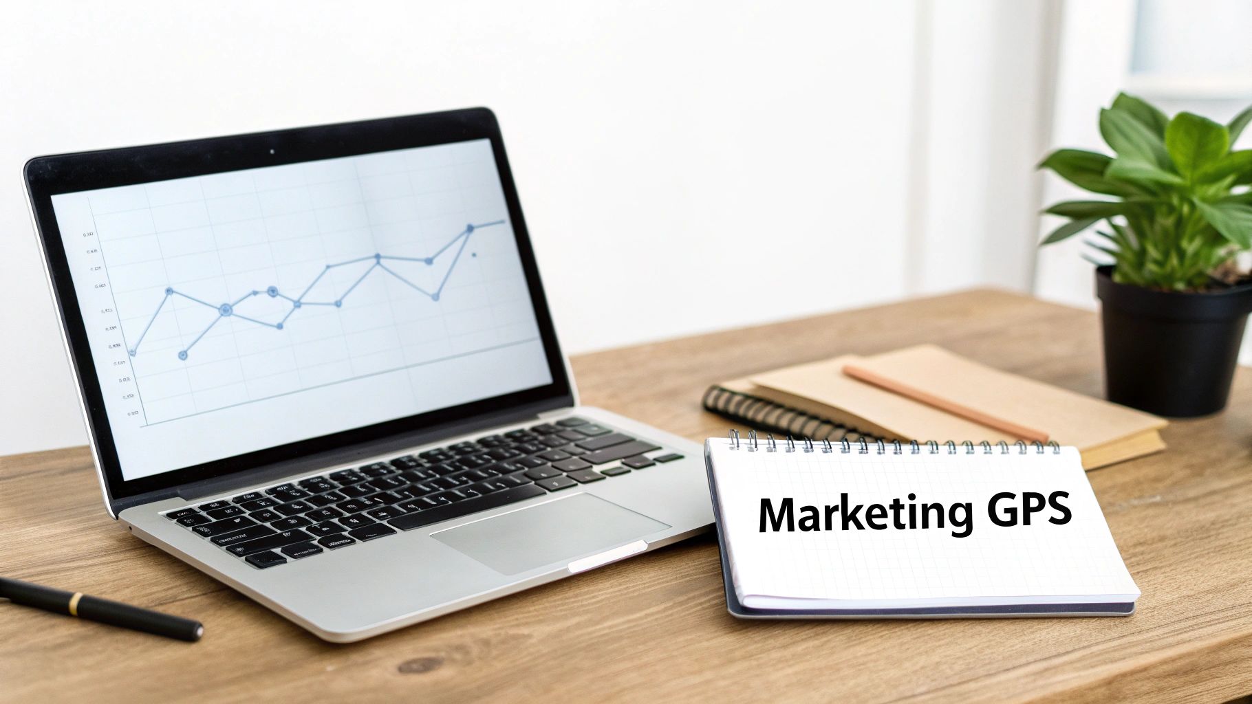 A laptop displaying a marketing analytics graph, pen, notebooks with 'Marketing GPS', and a plant on a wooden desk.