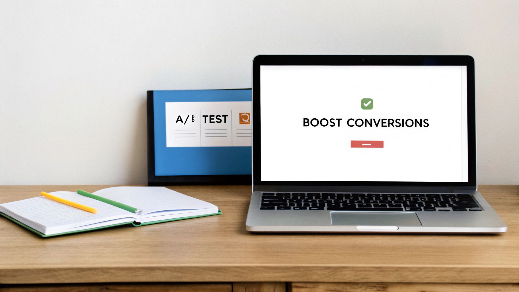 Laptop displaying 'Boost Conversions' next to an A/B test chart, notebook, and pens on a wooden desk.