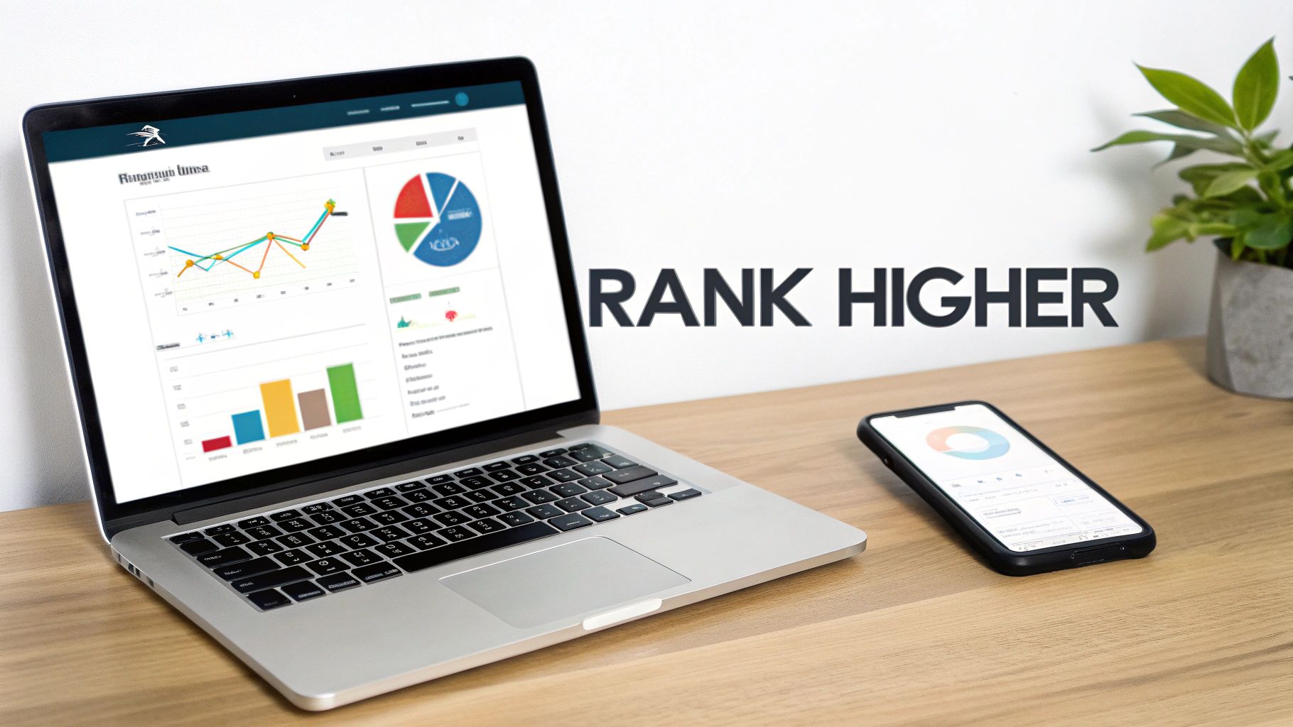 A laptop and smartphone display growth charts and data on a wooden desk, emphasizing 'RANK HIGHER'.