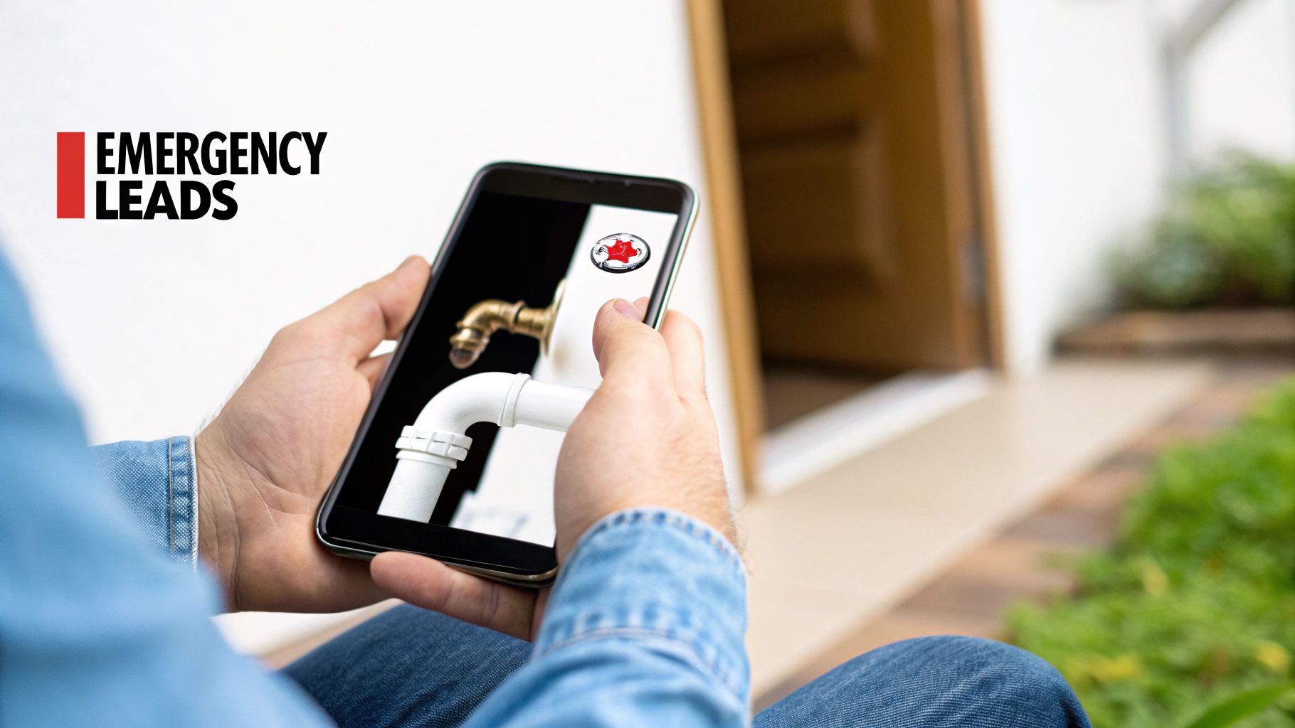Person holding smartphone showing augmented reality plumbing pipes and 'EMERGENCY LEADS' text.