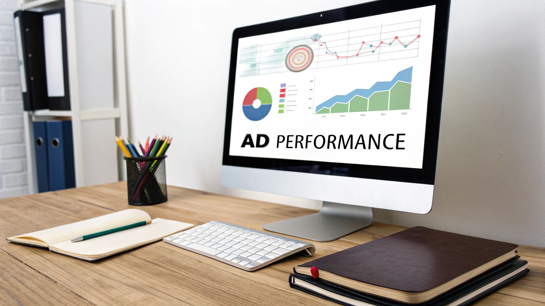 A computer screen on a desk displaying 'AD PERFORMANCE' charts and graphs, with office supplies.