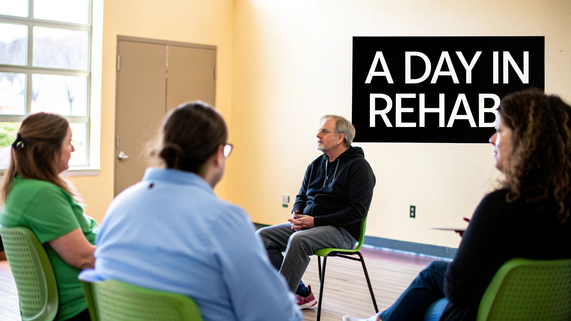 A group of diverse adults sitting in a circle during a rehab or support group meeting.