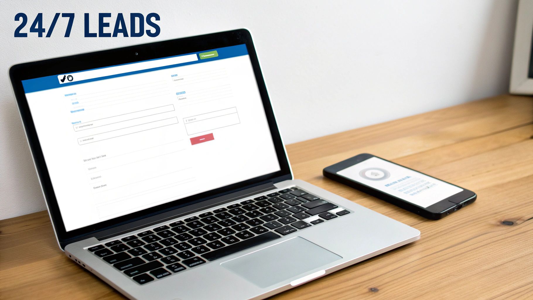 A laptop showing a lead generation form and a smartphone on a wooden desk, emphasizing 24/7 leads.