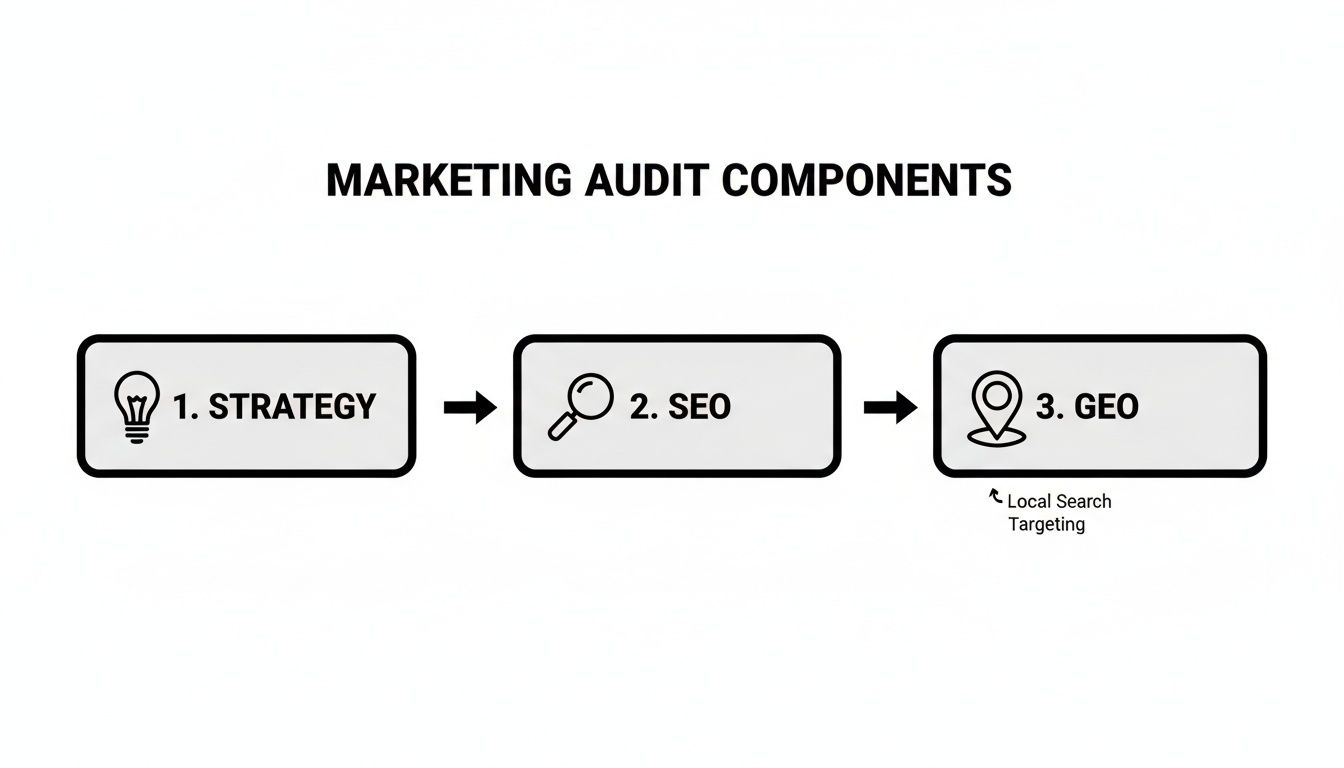 Diagram showing marketing audit components: strategy with a lightbulb, SEO with a magnifying glass, and geo-targeting.
