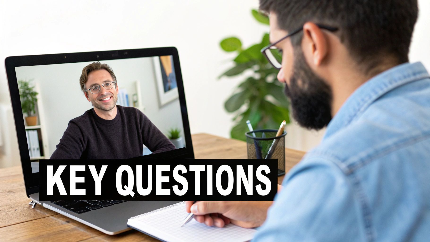 Man on laptop screen smiling during video call, other man taking notes on a wooden desk.